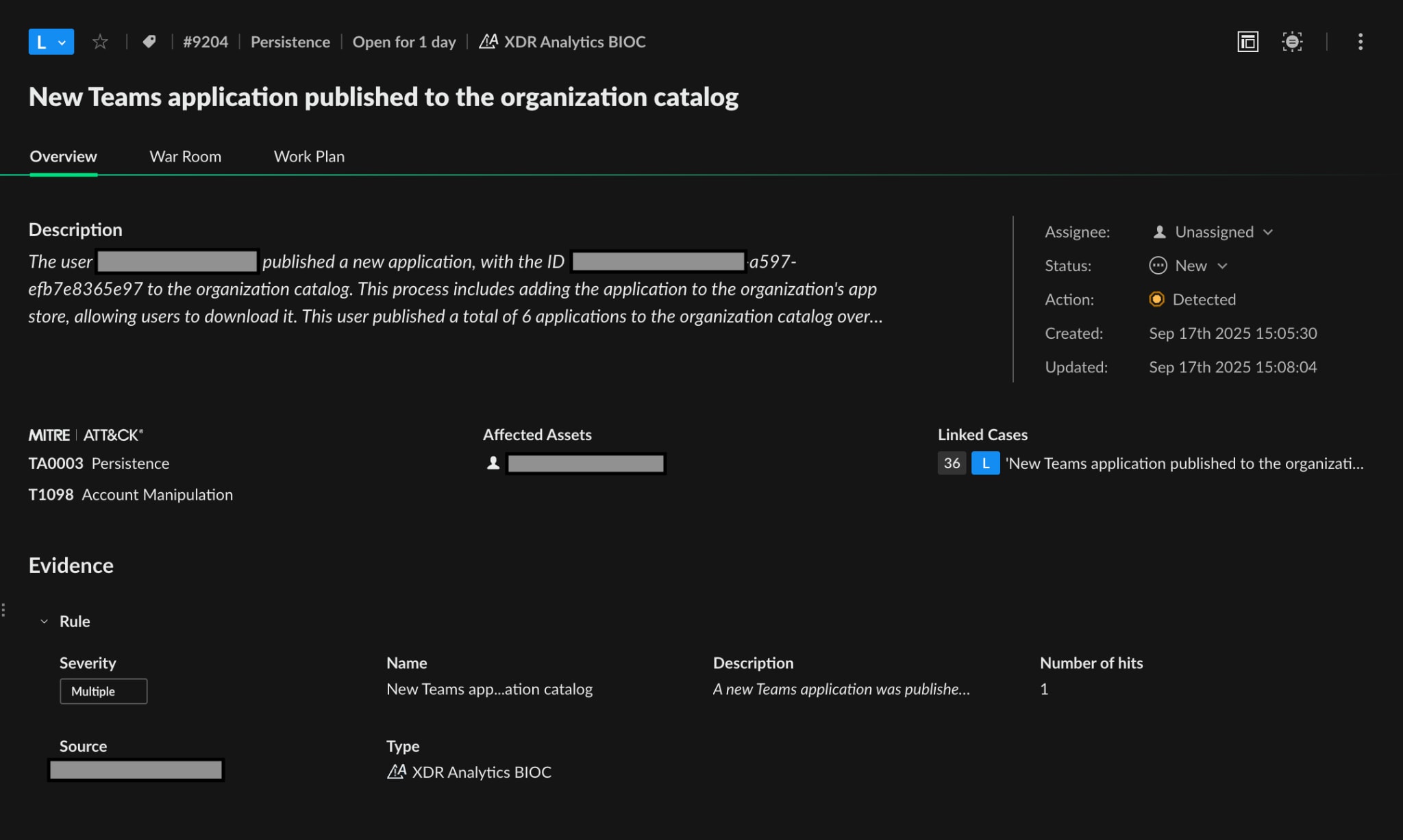 Figure 8. A Microsoft Teams alert investigation on a new application published to the organization catalog example from Cortex XSIAM.