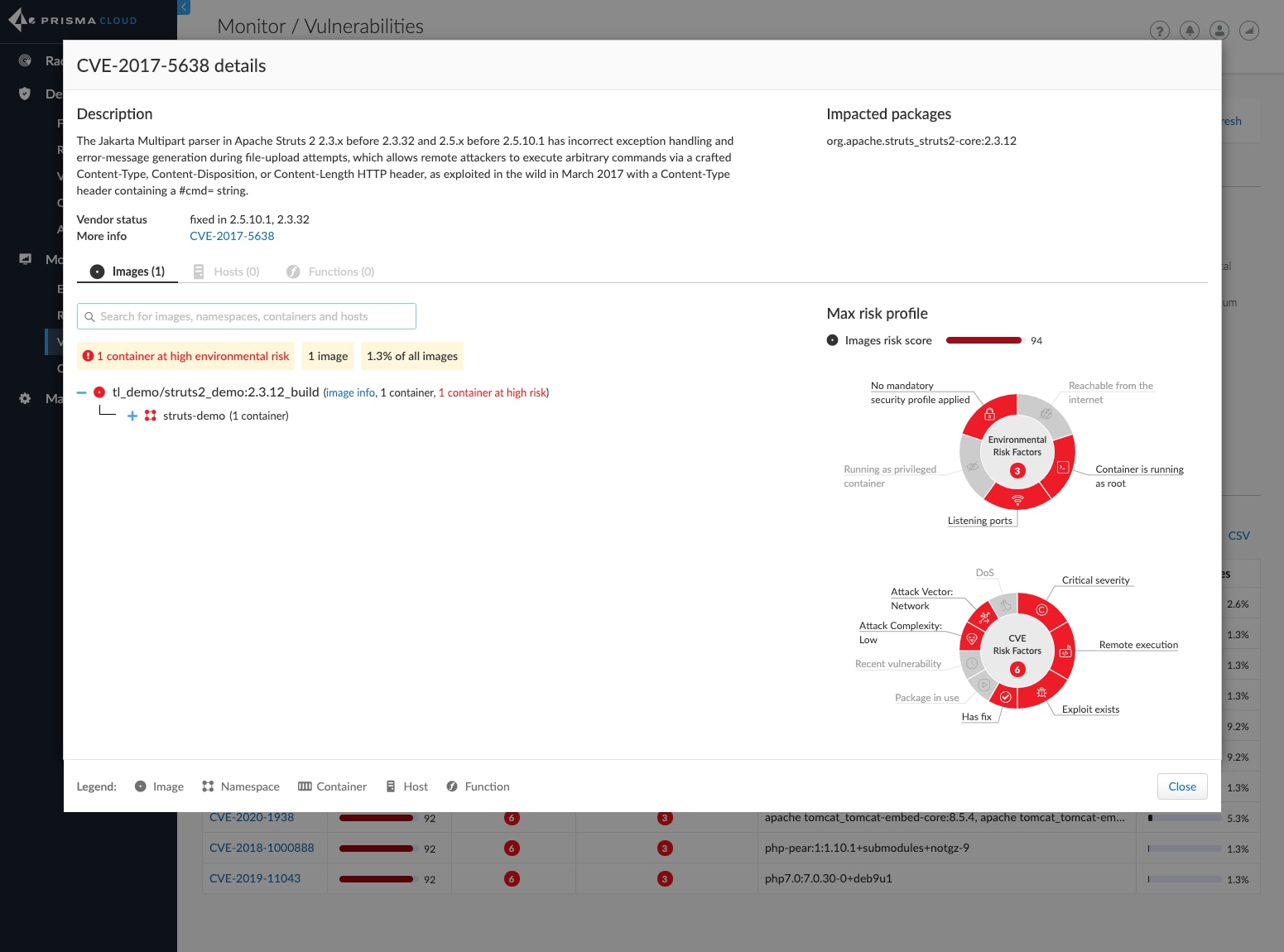 A screenshot showing how users of Prisma Cloud can see a specific CVE spanning each compute type in a single window with an improved risk tree. 