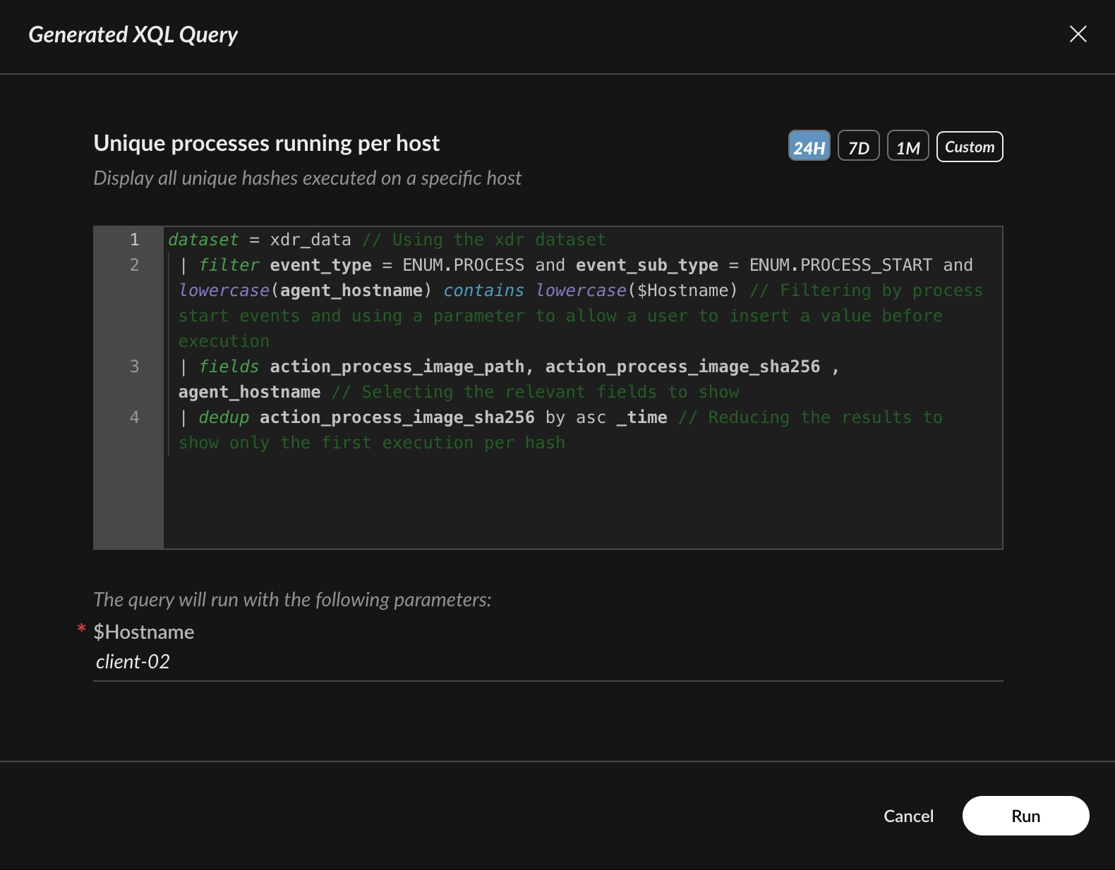 Image 2: Cortex Copilot automatically recommends the necessary XQL query and prepopulates required parameters, saving the analyst time.