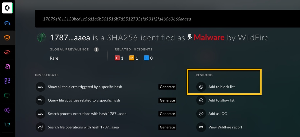 Image 6: Cortex Copilot enables analysts to add a malicious hash to a block list.