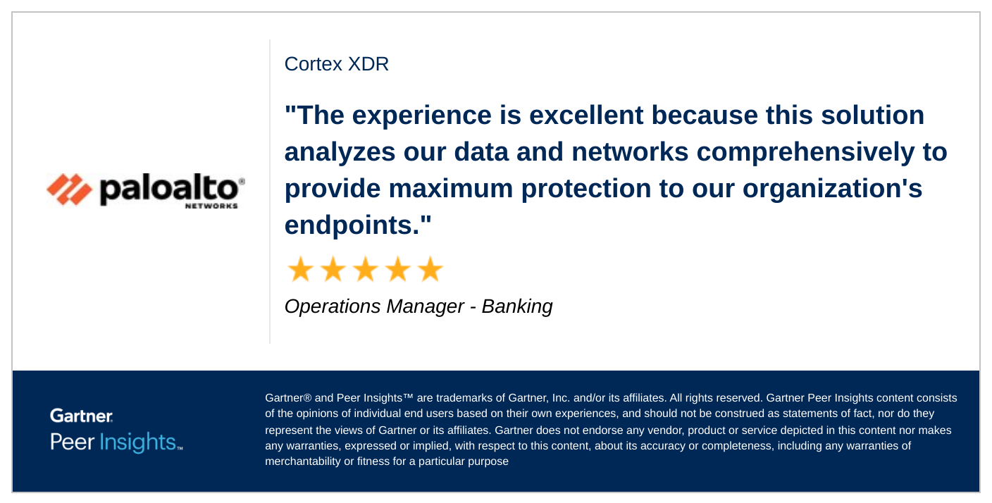 Customer reviews Cortex XDR, giving a 5/5 rating in Gartner Peer Insights Endpoint Protection Platforms Market