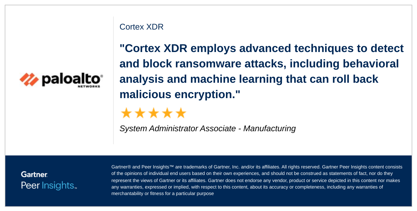 Customer gives Cortex XDR a 5/5 rating in Gartner Peer Insights Endpoint Protection Platforms Market