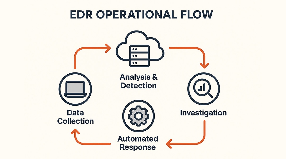EDR Operational Flow Infographic A digital infographic titled "EDR Operational Flow" that illustrates the four key stages of an Endpoint Detection and Response (EDR) system. The stages—Data Collection, Analysis & Detection, Investigation, and Automated Response—are each represented by a circular icon with a label beneath. The icons are arranged in a circular flow and connected by burnt orange arrows, demonstrating the continuous lifecycle of EDR operations. The design features a clean, modern aesthetic with a light background and navy blue text for high readability.