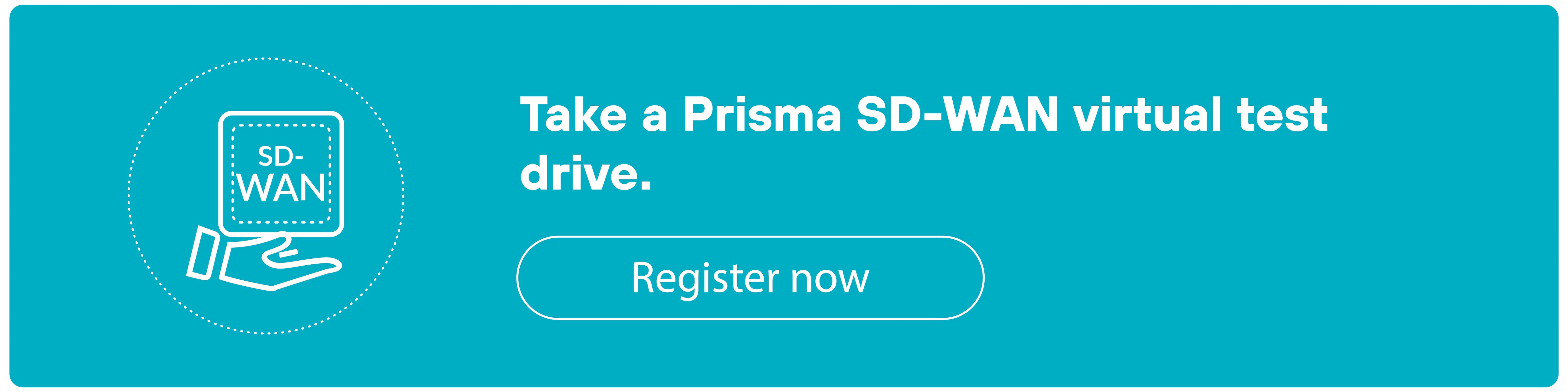 Teal CTA banner featuring an icon of a hand holding a square labeled 'SD-WAN' on the left. The text reads 'Get a personalized Prisma SD-WAN demo.' Below this text is a button labeled 'Request demo.''