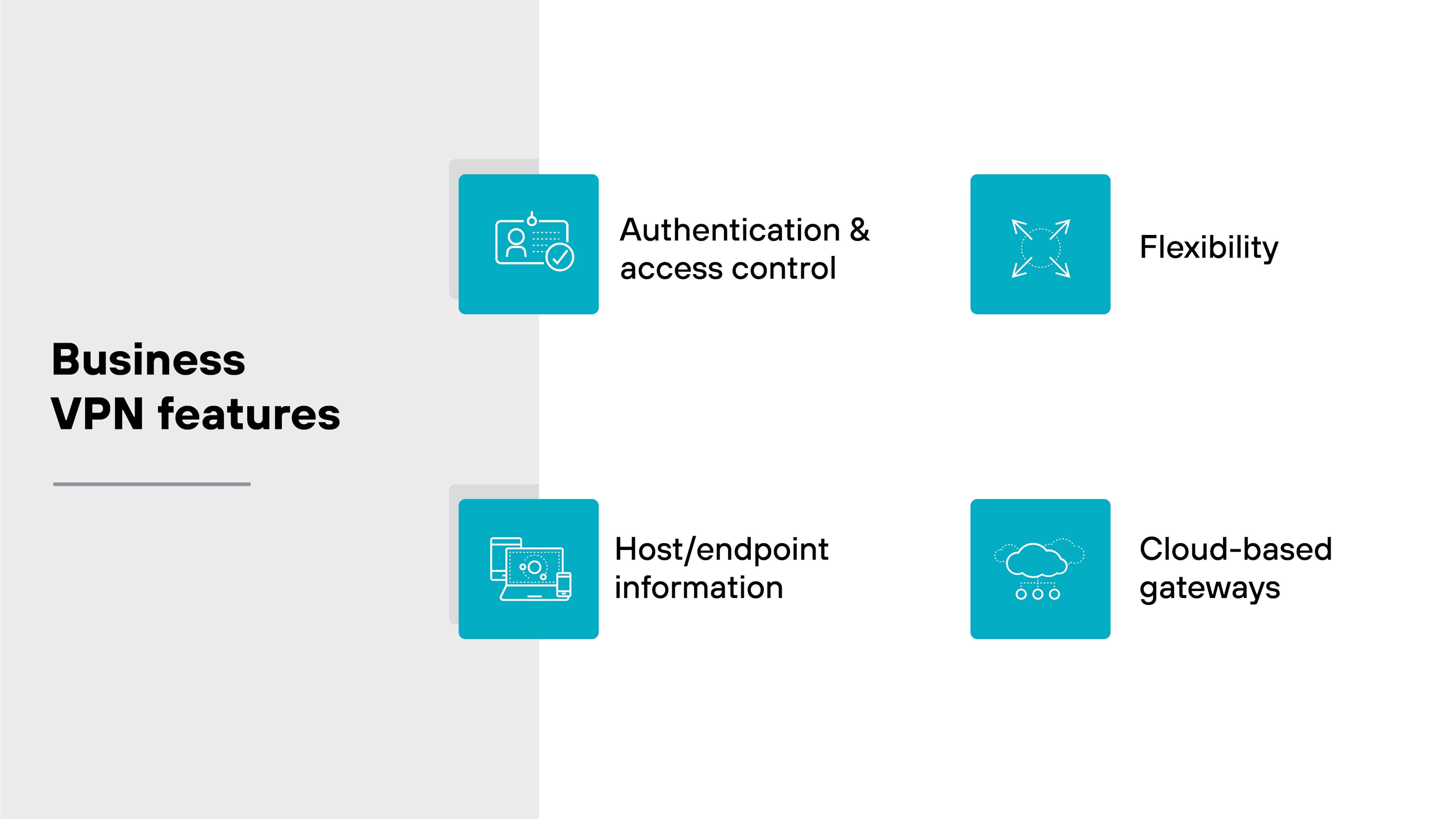 Diagram titled Business VPN features is divided by a vertical grey line into two sections on a pale yellow and white background. On the left side, labeled in black text Business VPN features, two blue squares depict icons: the upper square shows a padlock representing Authentication & access control, and the lower square shows a computer screen representing Host/endpoint information. On the right side, two additional blue squares contain icons: one with arrows pointing outward labeled Flexibility, and another with cloud and network points labeled Cloud-based gateways. Each icon is visually distinct and placed evenly across the layout to emphasize their individual contributions to VPN features. Diagram titled Business VPN features is divided by a vertical grey line into two sections on a pale yellow and white background. On the left side, labeled in black text Business VPN features, two blue squares depict icons: the upper square shows a padlock representing Authentication & access control, and the lower square shows a computer screen representing Host/endpoint information. On the right side, two additional blue squares contain icons: one with arrows pointing outward labeled Flexibility, and another with cloud and network points labeled Cloud-based gateways. Each icon is visually distinct and placed evenly across the layout to emphasize their individual contributions to VPN features.
