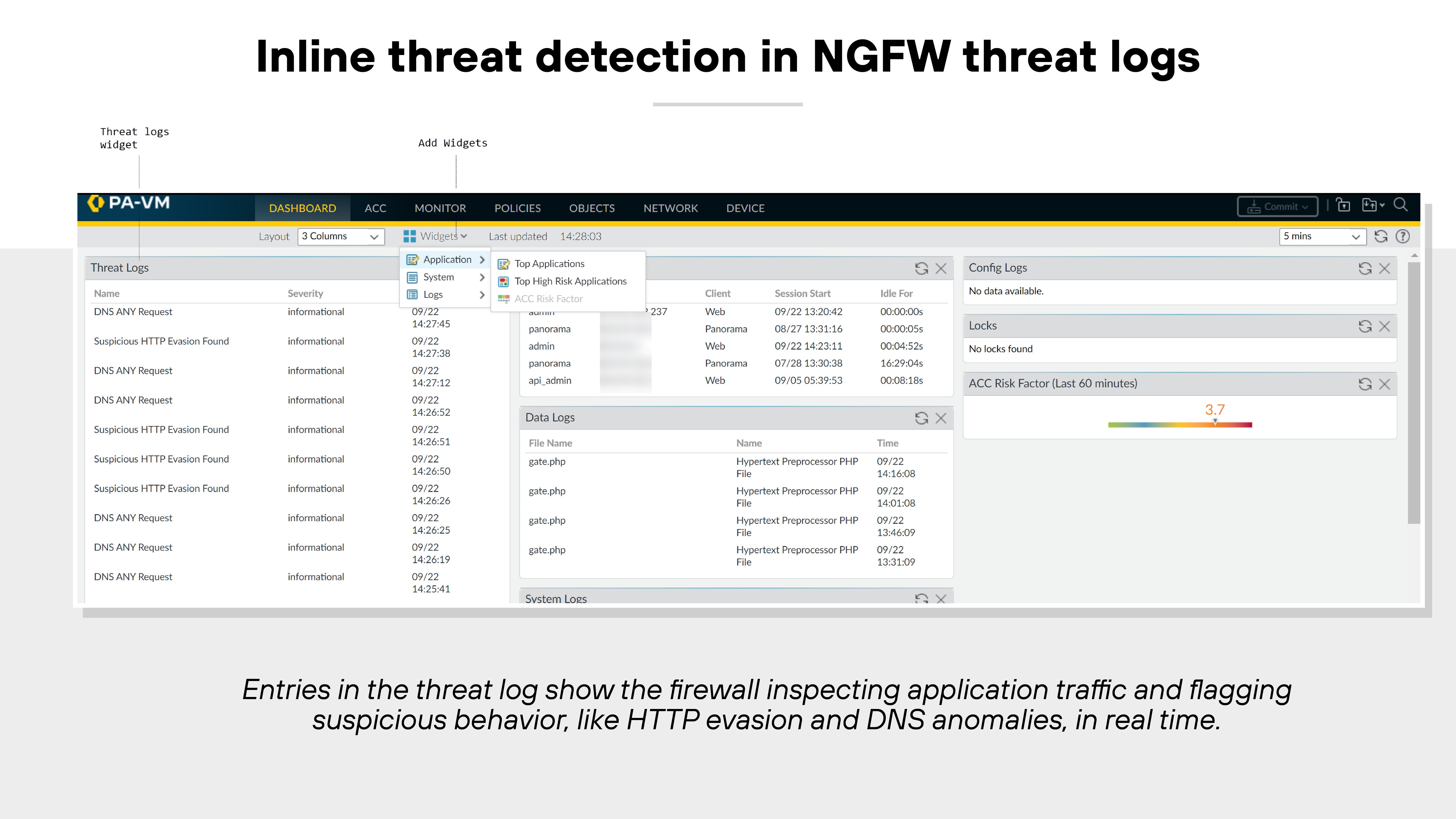 The image titled 'Inline threat detection in NGFW threat logs' shows a screenshot of the PAN-OS user interface from a PA-VM device. The screen is focused on the 'Monitor' tab, displaying the 'Threat Log' panel. The table lists multiple threat entries under columns labeled 'Type,' 'SubType,' 'Threat/Content Name,' 'Severity,' 'Action,' 'Time,' 'Source,' 'Destination,' and 'Application.' The log entries include details such as DNS and spyware alerts, detected threat names like 'Suspicious HTTP Evasion,' severity levels, and the actions taken, such as 'alert.' To the right, smaller panels display the 'Config Logs' and 'ACC Risk Factor,' with a gauge showing a risk score of 3.7. Navigation tabs at the top include 'DASHBOARD,' 'ACC,' 'MONITOR,' 'POLICIES,' 'OBJECTS,' 'NETWORK,' and 'DEVICE.' A caption below the image notes that the firewall inspects application traffic and flags suspicious behaviors such as HTTP evasion and DNS anomalies in real time. The image titled 'Inline threat detection in NGFW threat logs' shows a screenshot of the PAN-OS user interface from a PA-VM device. The screen is focused on the 'Monitor' tab, displaying the 'Threat Log' panel. The table lists multiple threat entries under columns labeled 'Type,' 'SubType,' 'Threat/Content Name,' 'Severity,' 'Action,' 'Time,' 'Source,' 'Destination,' and 'Application.' The log entries include details such as DNS and spyware alerts, detected threat names like 'Suspicious HTTP Evasion,' severity levels, and the actions taken, such as 'alert.' To the right, smaller panels display the 'Config Logs' and 'ACC Risk Factor,' with a gauge showing a risk score of 3.7. Navigation tabs at the top include 'DASHBOARD,' 'ACC,' 'MONITOR,' 'POLICIES,' 'OBJECTS,' 'NETWORK,' and 'DEVICE.' A caption below the image notes that the firewall inspects application traffic and flags suspicious behaviors such as HTTP evasion and DNS anomalies in real time.