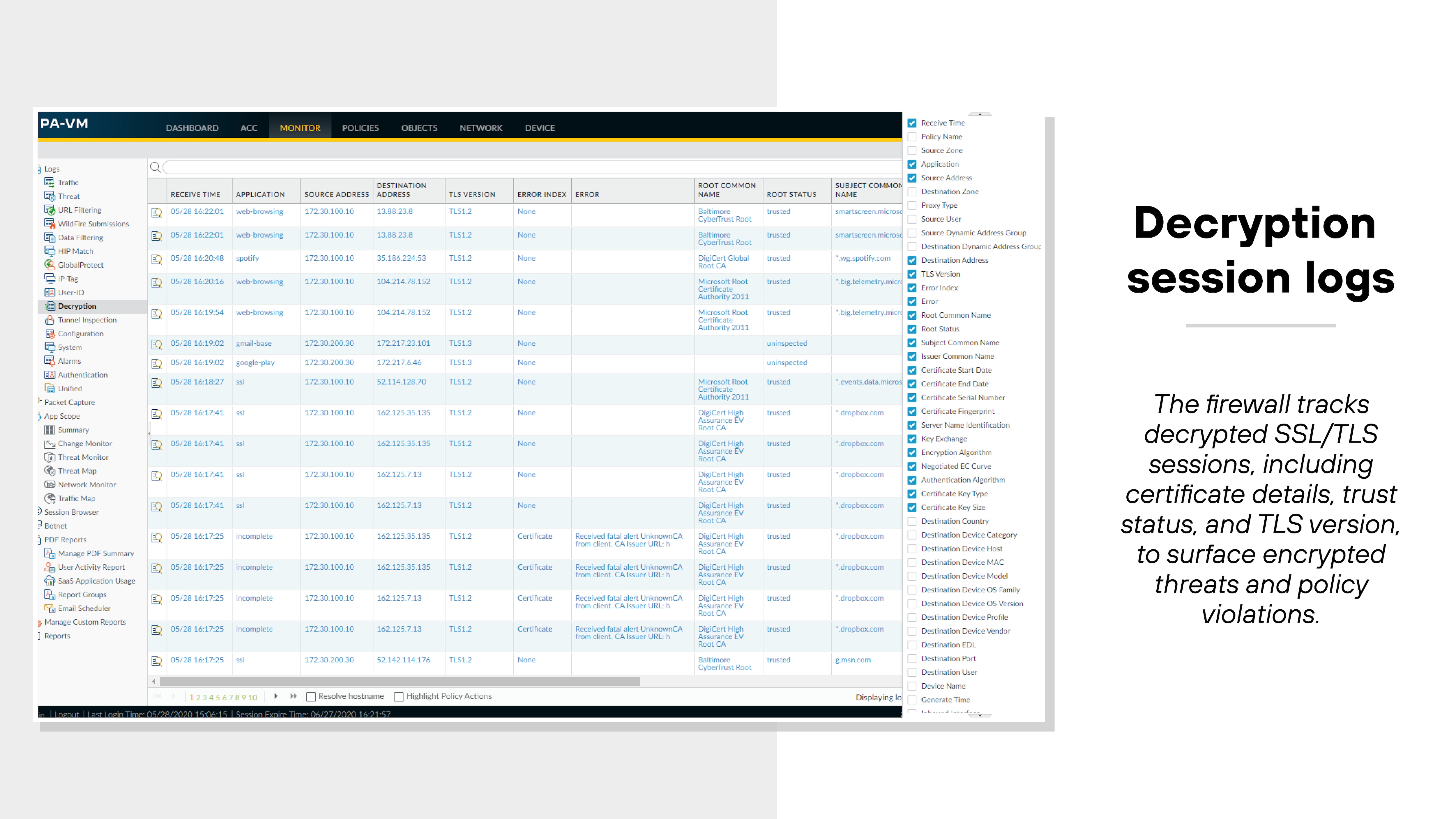 The image shows a screenshot of the PAN-OS user interface from a PA-VM device focused on decryption session logs. The main panel displays a table listing SSL/TLS session entries with columns labeled such as 'Decryption Type,' 'Time,' 'Source Address,' 'Destination Address,' 'Application,' 'TLS Version,' 'Decryption Policy Name,' 'Action,' and 'Error.' Each row contains log entries with source and destination IP addresses, associated applications like 'google-base' and 'paloalto-updates,' TLS versions such as 1.2 or 1.3, and specific decryption policies and actions applied. The left navigation menu displays various log categories under the 'Monitor' tab, while the right side of the image includes a caption stating that the firewall tracks decrypted SSL/TLS sessions, including certificate details, trust status, and TLS version, to surface encrypted threats and policy violations. The image shows a screenshot of the PAN-OS user interface from a PA-VM device focused on decryption session logs. The main panel displays a table listing SSL/TLS session entries with columns labeled such as 'Decryption Type,' 'Time,' 'Source Address,' 'Destination Address,' 'Application,' 'TLS Version,' 'Decryption Policy Name,' 'Action,' and 'Error.' Each row contains log entries with source and destination IP addresses, associated applications like 'google-base' and 'paloalto-updates,' TLS versions such as 1.2 or 1.3, and specific decryption policies and actions applied. The left navigation menu displays various log categories under the 'Monitor' tab, while the right side of the image includes a caption stating that the firewall tracks decrypted SSL/TLS sessions, including certificate details, trust status, and TLS version, to surface encrypted threats and policy violations.